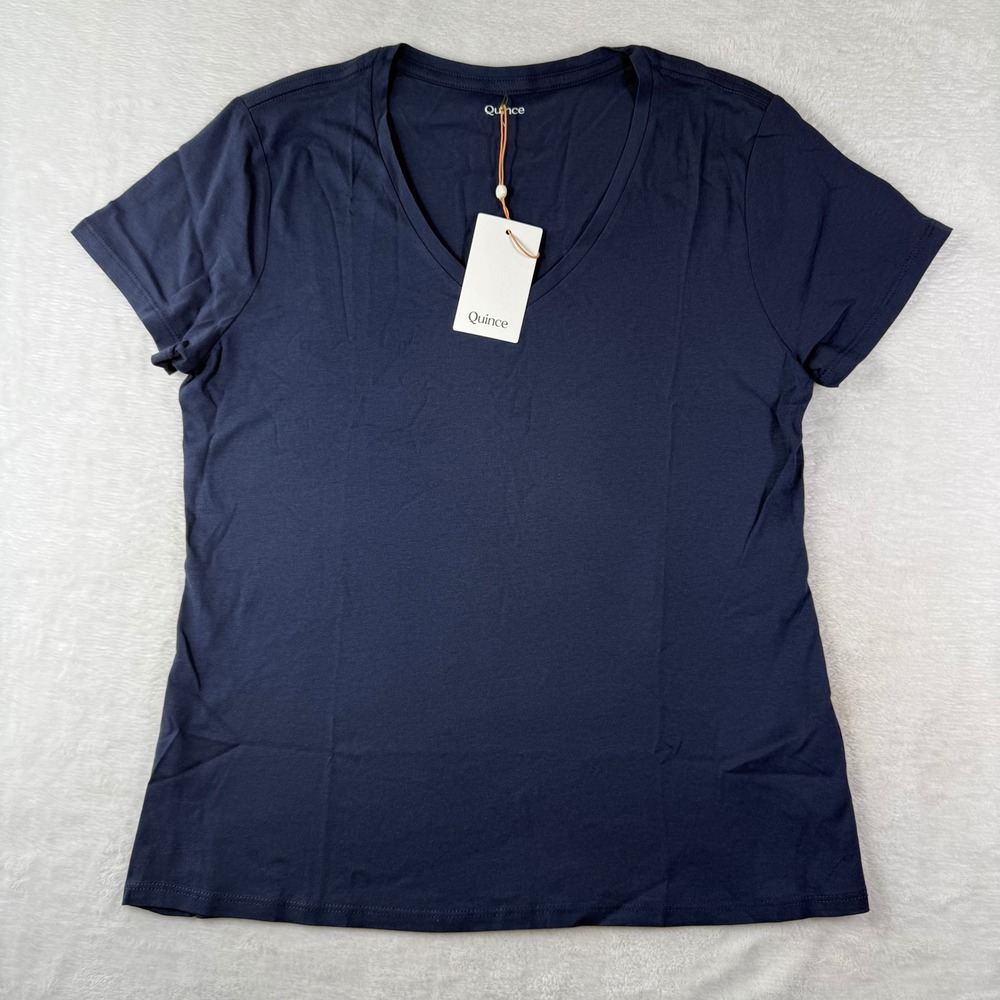 Quince‎ Womens Cotton Modal V-Neck Tee Navy Blue Short Sleeve Shirt Size M NEW